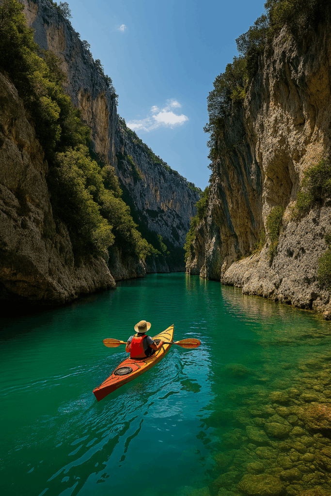 Kayak sur le Verdon à Quinson avec les falaises calcaires