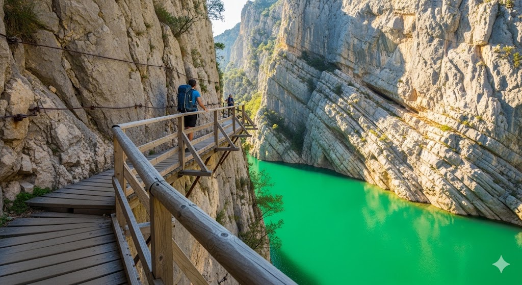 passerelle en bois accrochée à la paroi rocheuse au-dessus des eaux turquoise du Verdon, avec un randonneur.